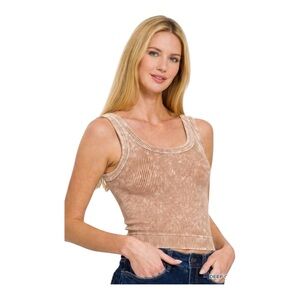 NWOT Zenana Ribbed Cropped Brami Tank Top Deep Camel, Size Small/Medium